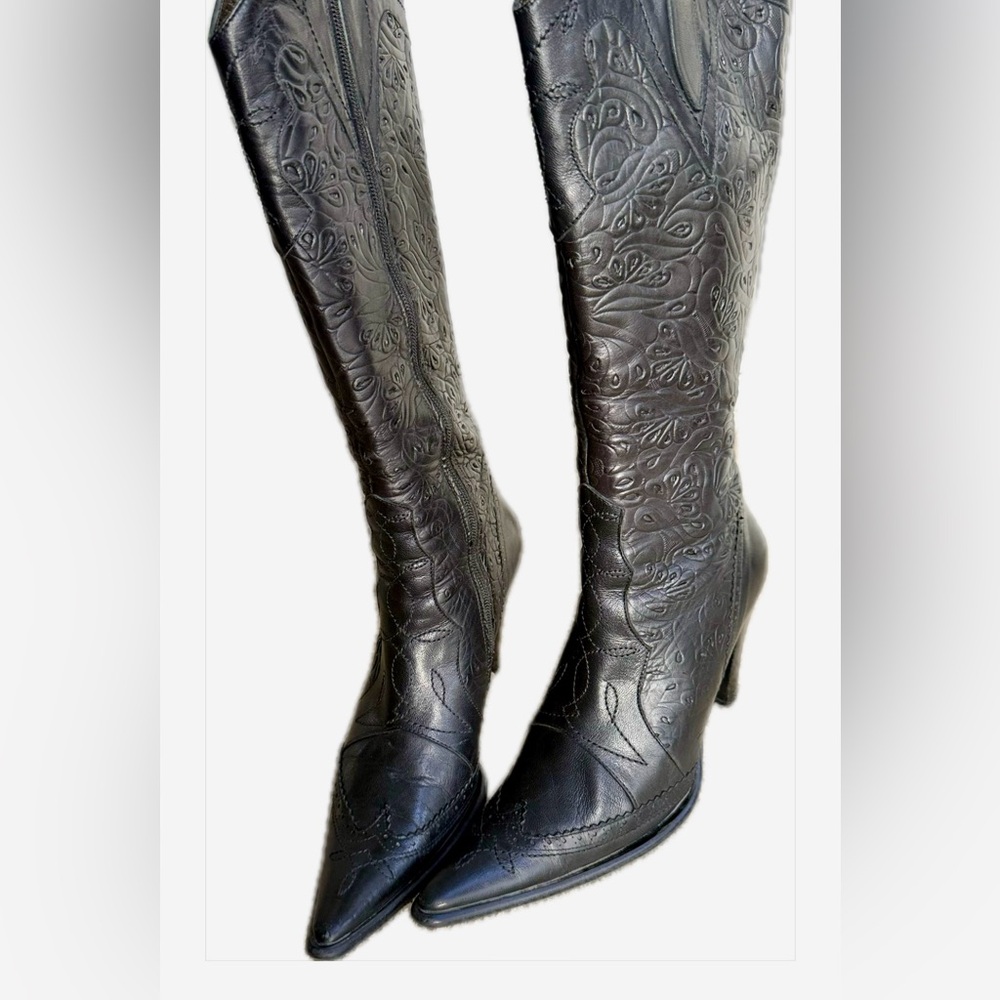 Genuine Leather Embroidered Black Tall Boots – Statement Heels - Picture 5 of 17